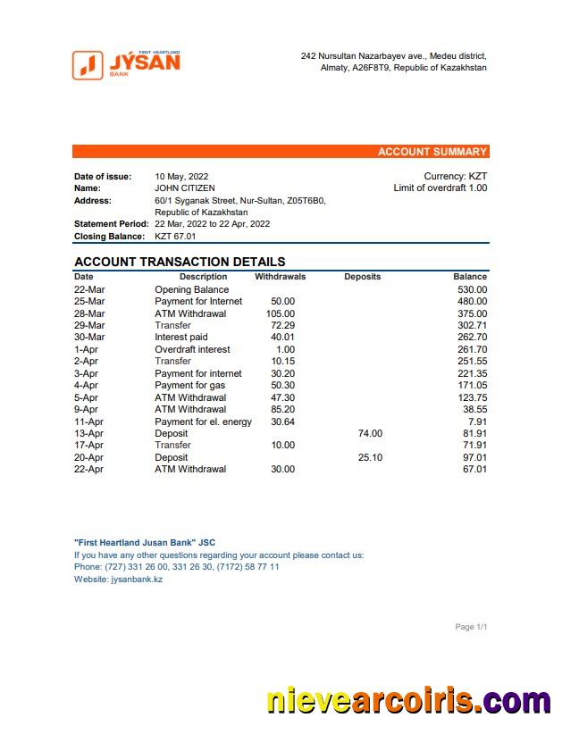 Kazakhstan First Heartland Jusan Bank statement xls